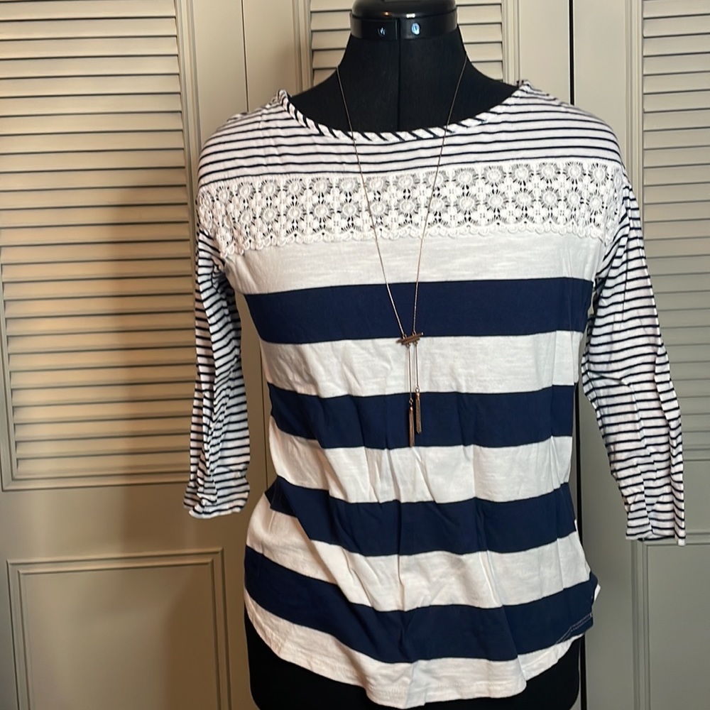 Lauren Conrad Navy and White Striped pullover sweater with see through lace XS